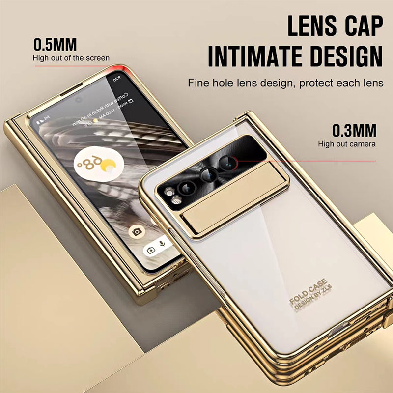 Kickstand Case for Google Pixel Fold , Electroplating PC Phone Cover with Tempered Glass Film and Stylus Pen