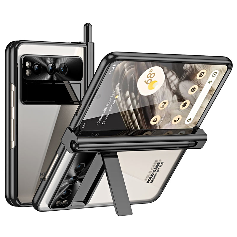 Kickstand Case for Google Pixel Fold , Electroplating PC Phone Cover with Tempered Glass Film and Stylus Pen