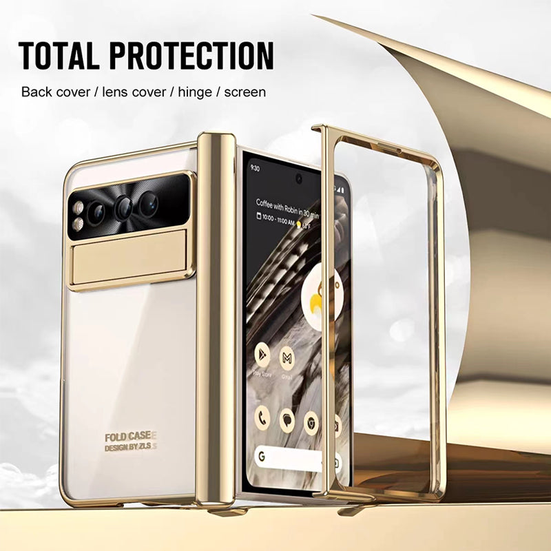 Kickstand Case for Google Pixel Fold , Electroplating PC Phone Cover with Tempered Glass Film and Stylus Pen
