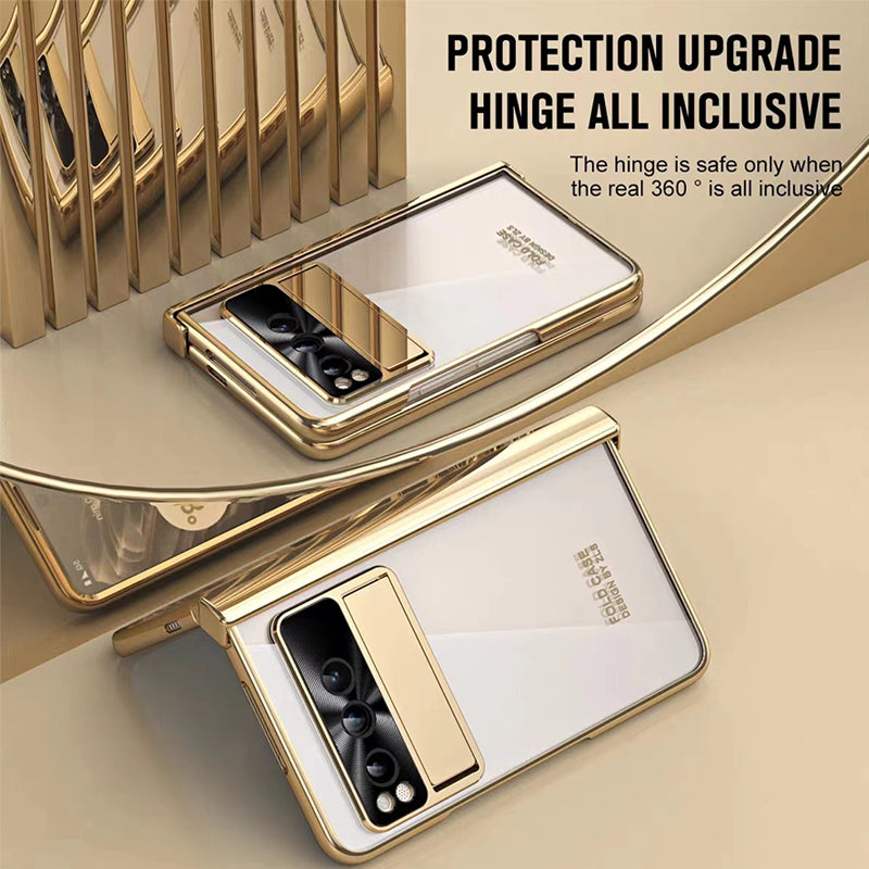 Kickstand Case for Google Pixel Fold , Electroplating PC Phone Cover with Tempered Glass Film and Stylus Pen