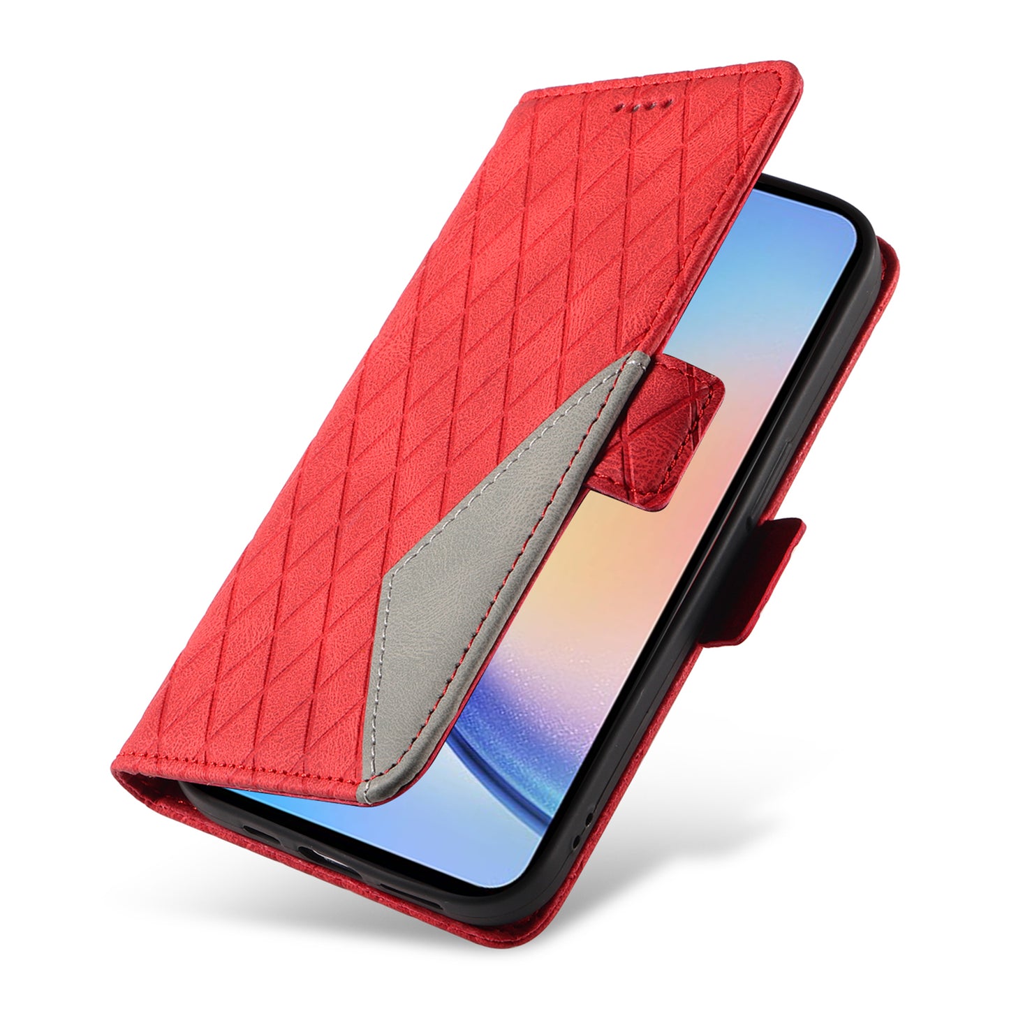 For Samsung Galaxy A34 5G Phone Stand Case Color Splicing Rhombus Imprinted PU Leather Wallet Cover