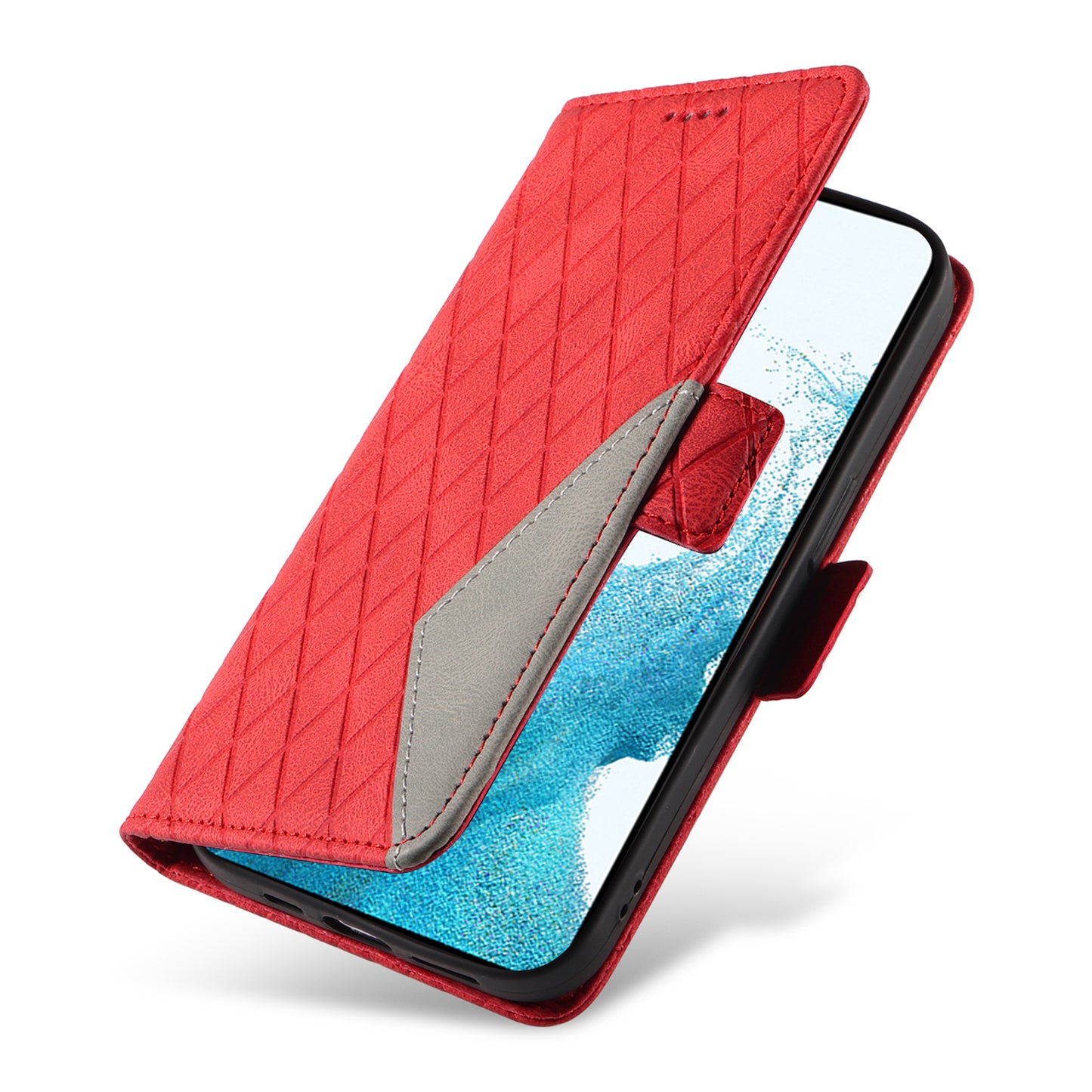 Leather Shell for Samsung Galaxy S22+ 5G Phone Case Color Splicing Rhombus Imprinted Wallet Stand Cover