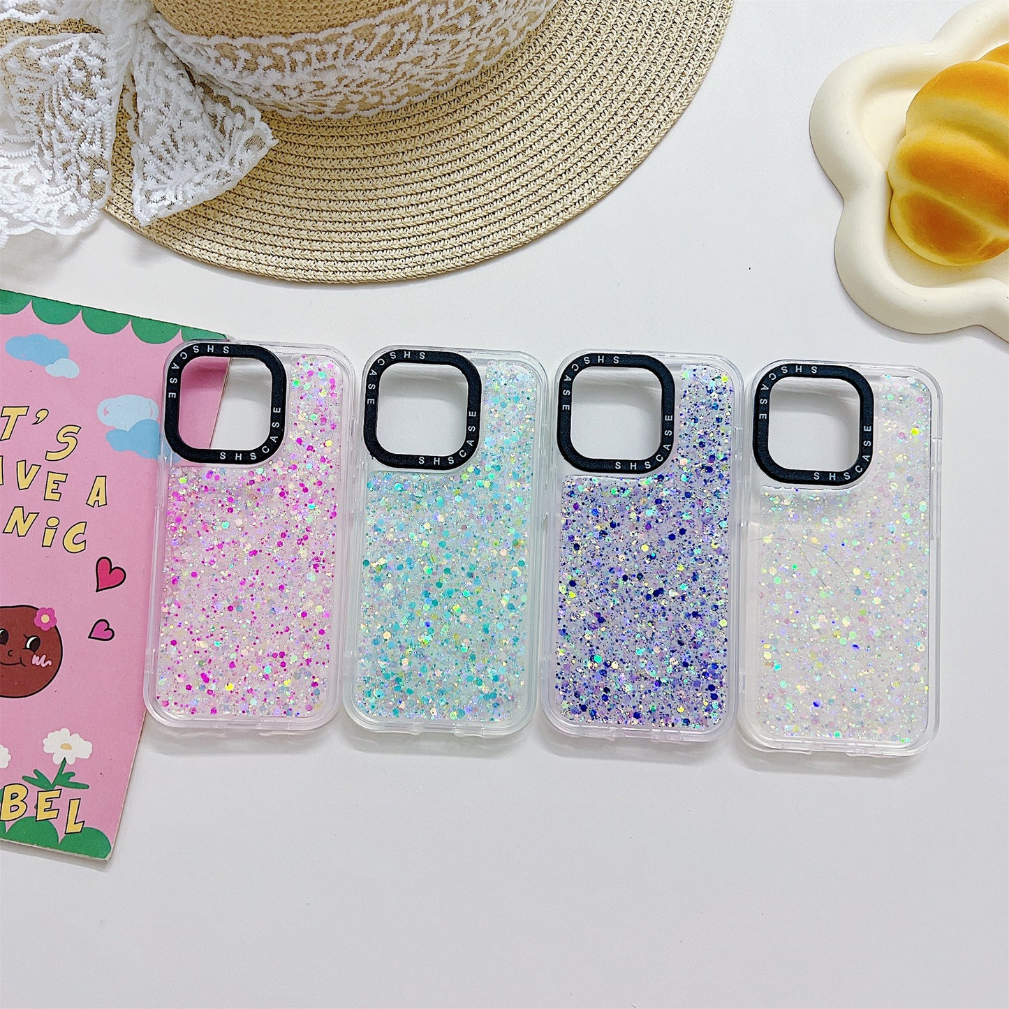 PC+TPU Case for iPhone 14 Pro Max Camera Protection Frame Epoxy Glitter Sparkle Luminous Phone Cover