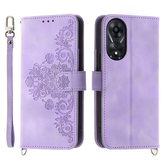 Skin-Touch Phone Case for Oppo A78 5G PU Leather Phone Shell Flower Imprinted Wallet Cover with Strap