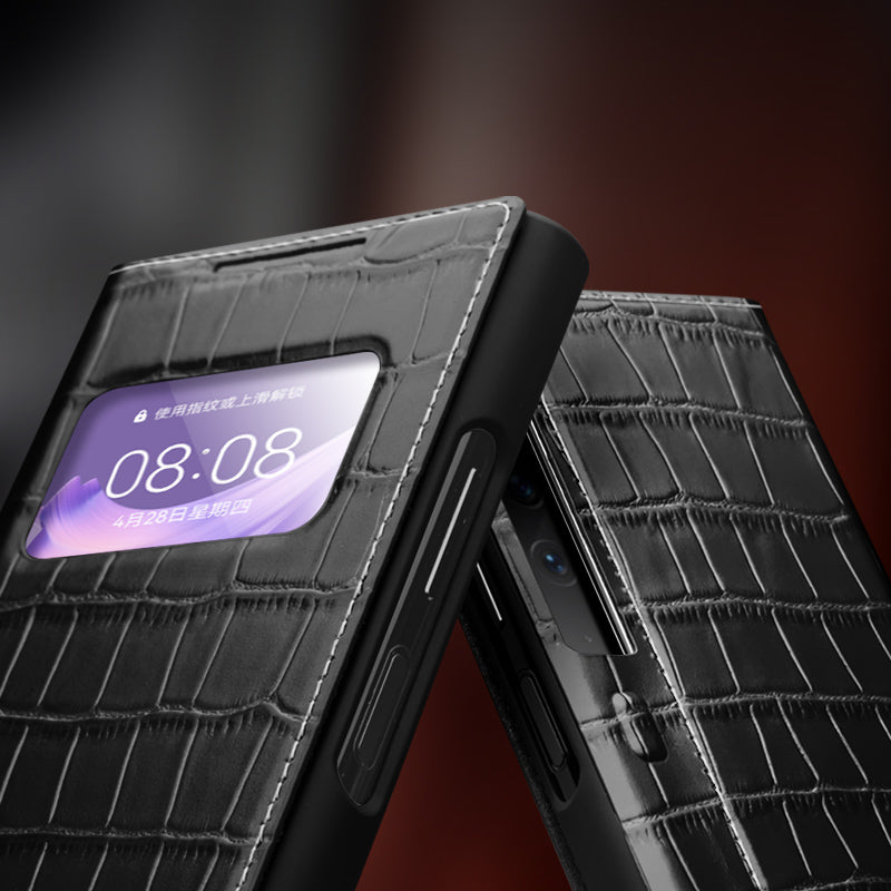 QIALINO Anti-Drop Phone Case for Huawei Mate Xs 2 Shockproof Cover Crocodile Texture Genuine Cow Leather Phone Shell