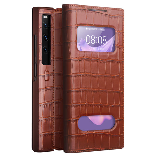 QIALINO Anti-Drop Phone Case for Huawei Mate Xs 2 Shockproof Cover Crocodile Texture Genuine Cow Leather Phone Shell