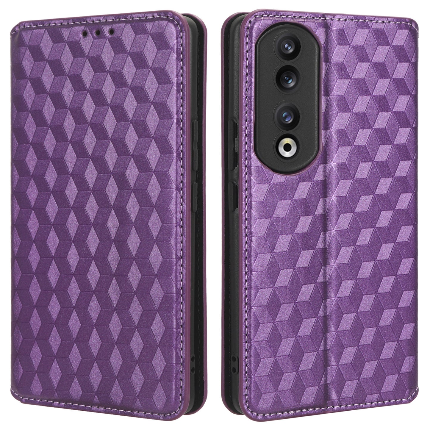 For Honor 90 Pro Anti-Scratch PU Leather Stand Case Shockproof Imprinted Rhombus Phone Cover
