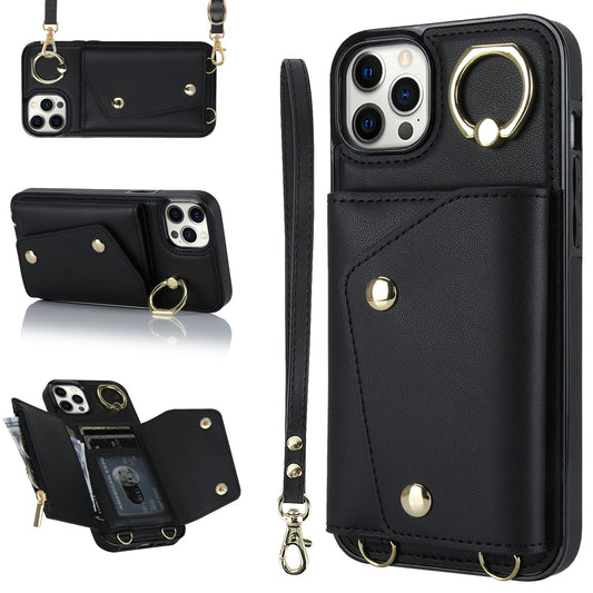 Phone Case with Zipper Wallet for iPhone 12 Pro Ring Kickstand PU Leather Coated TPU Back Cover