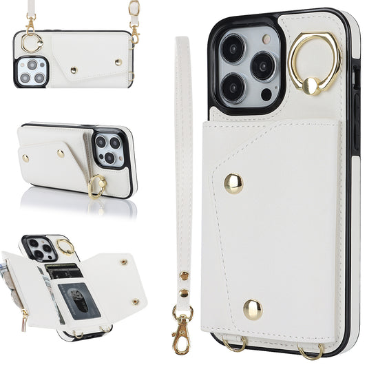 Zipper Wallet Ring Kickstand Phone Case for iPhone 14 Pro , PU Leather Coated TPU Crossbody Phone Cover