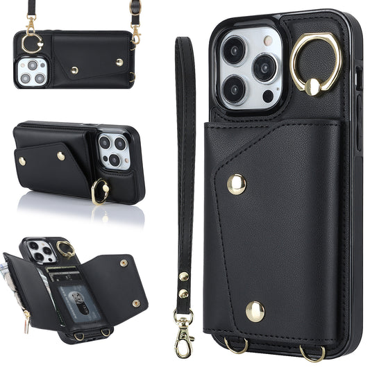 For iPhone 13 Pro Zipper Wallet Phone Cover PU Leather Coated TPU Phone Case with Ring Holder Kickstand