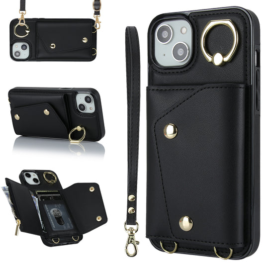 Ring Kickstand Case for iPhone 14 Plus Zipper Wallet PU Leather Coated TPU Mobile Phone Cover
