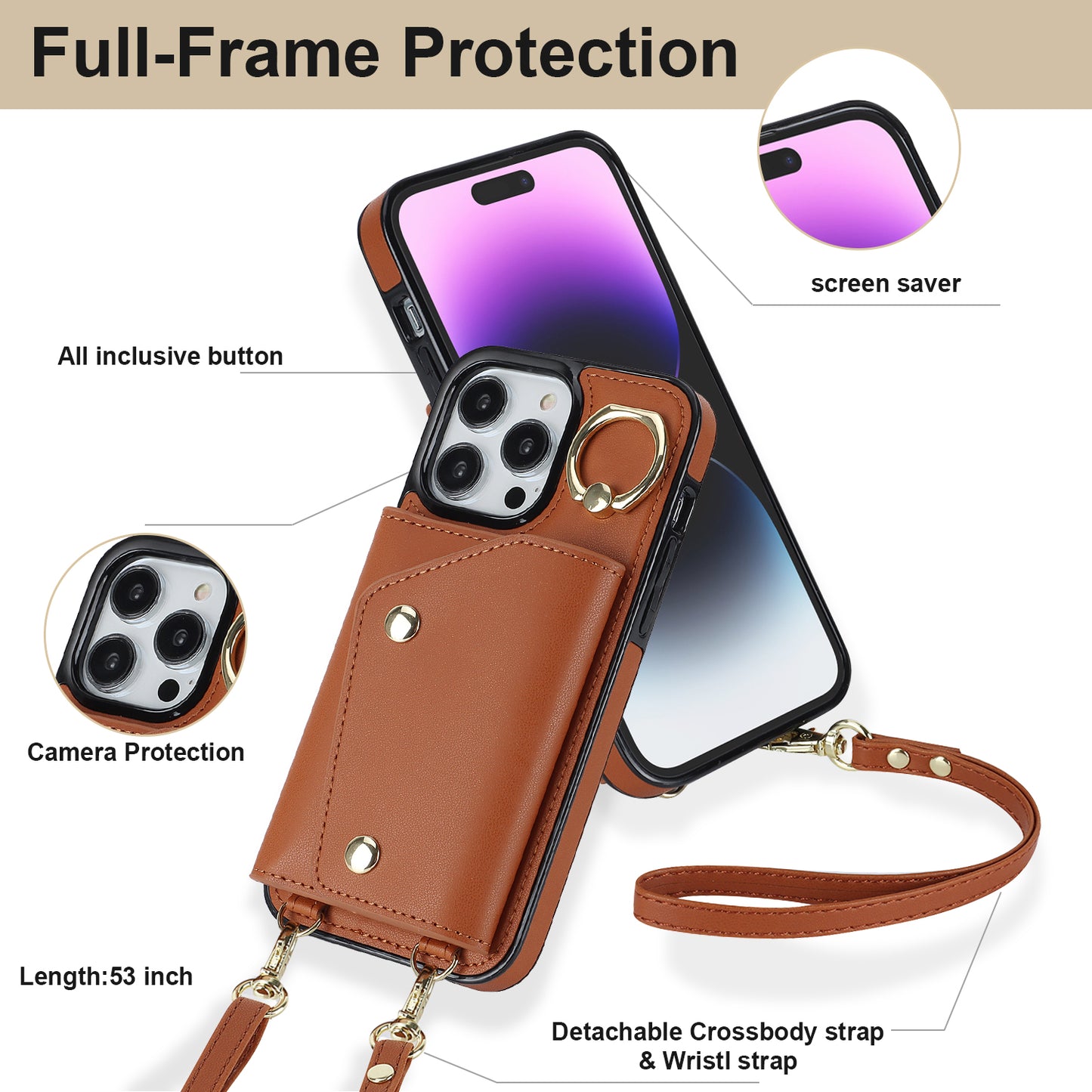 For iPhone 14 Pro Max Zipper Wallet PU Leather Coated TPU Phone Case Ring Kickstand Smartphone Cover