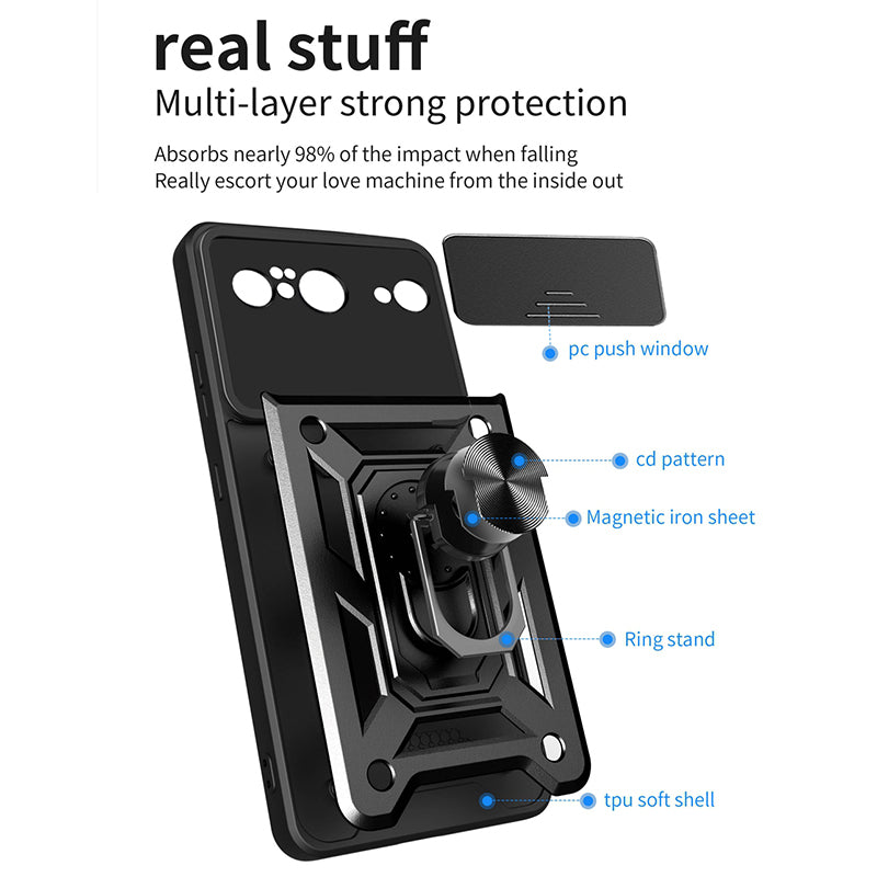 For Google Pixel 8 Camera Lens Slide Design Shockproof Phone Case PC+TPU Kickstand Cover