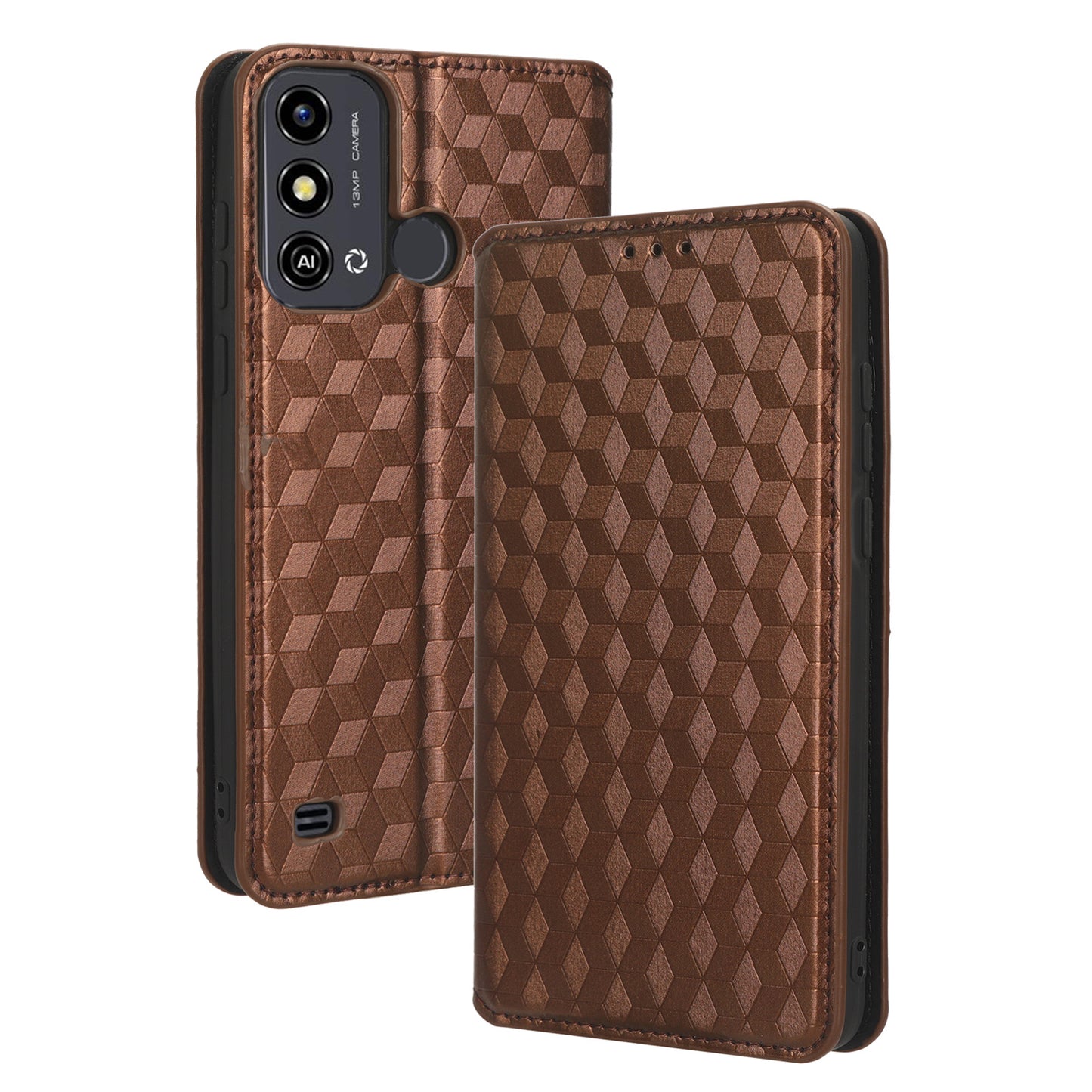 For ZTE Blade A53 / A53+ Rhombus Imprinted Shell PU Leather Stand Case Drop Resistant Phone Cover