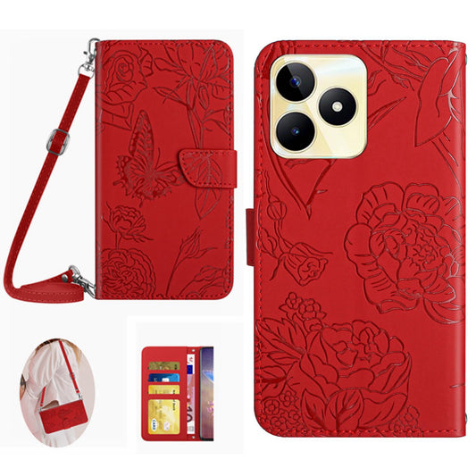 HT03 PU Leather Case for Realme C53 4G , Wallet Stand Imprinted Phone Cover with Shoulder Strap