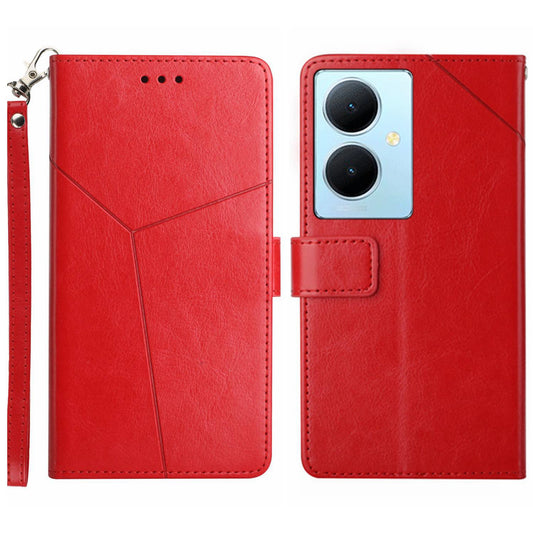HT01 Wallet Phone Case for vivo Y78+ 5G , Y-shaped Line Imprinting Stand PU Leather Cover