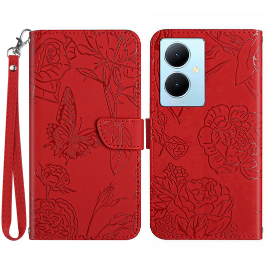 HT03 For vivo Y78+ 5G Leather Phone Case Butterfly Imprinted Flip Stand Wallet Cover with Wrist Strap
