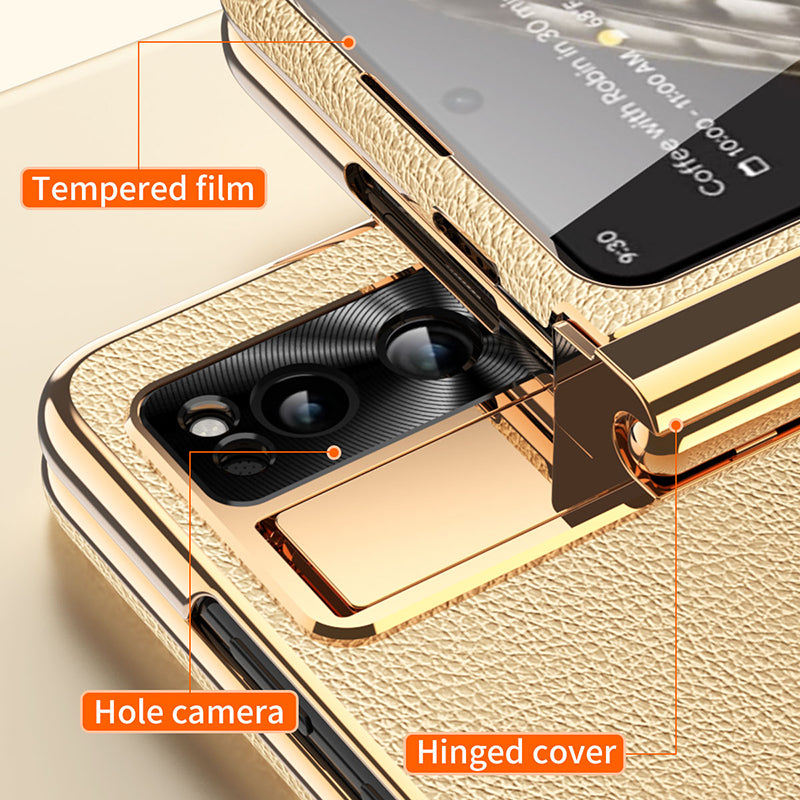 For Google Pixel Fold PU Leather+PC Phone Case Magnetic Double Hinge Kickstand Cover with Tempered Glass Screen Film+Stylus
