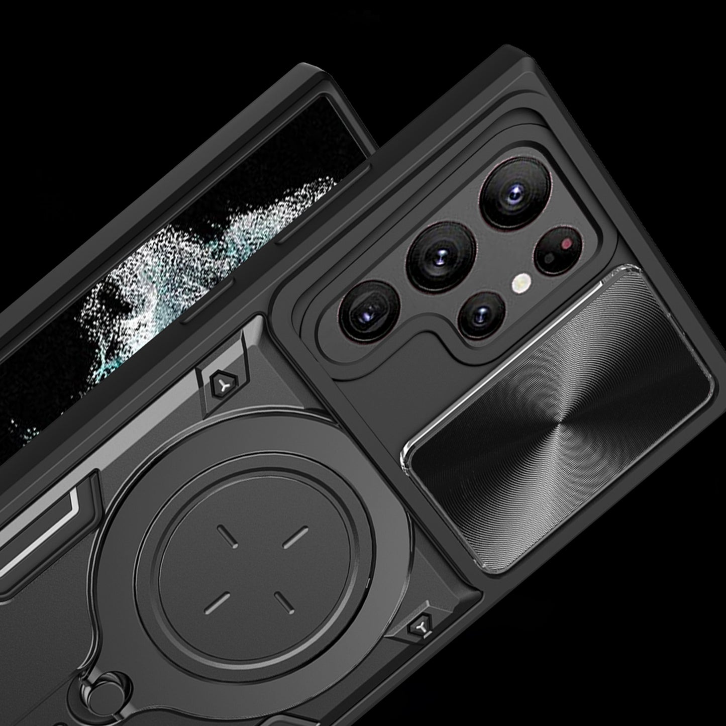 For Samsung Galaxy S22 Ultra 5G Rotatable Kickstand Phone Case Shockproof PC+TPU Cover with Slide Camera Lid