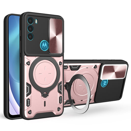 For Motorola Moto G71 5G Free Rotation Kickstand Phone Case Slide Camera Lid PC+TPU Back Cover