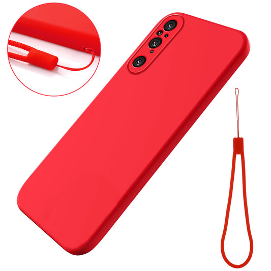 For Sony Xperia 1 V Soft Lining Liquid Silicone Phone Case Shockproof Cover with Strap