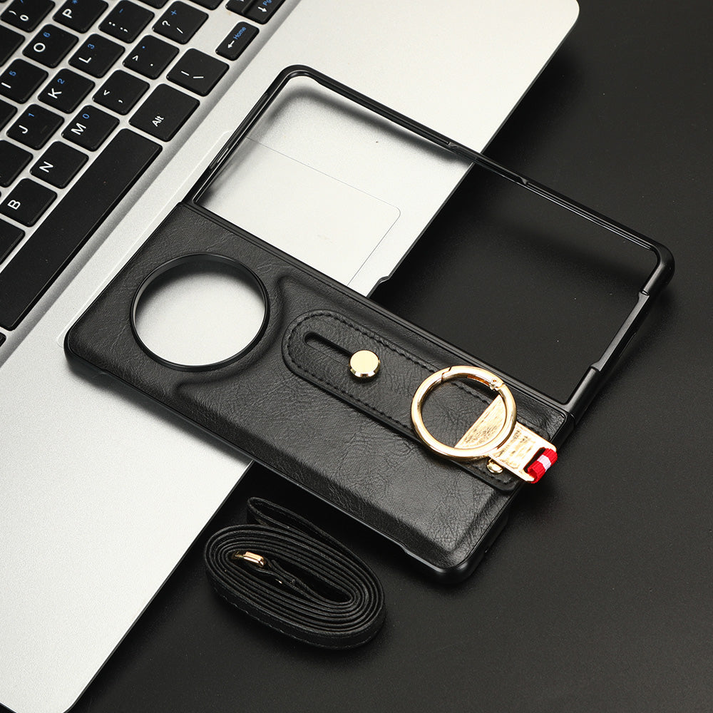 For Tecno Phantom V Fold Phone Shell Leather Coating PC+TPU Wristband Kickstand Cover with Neck Strap