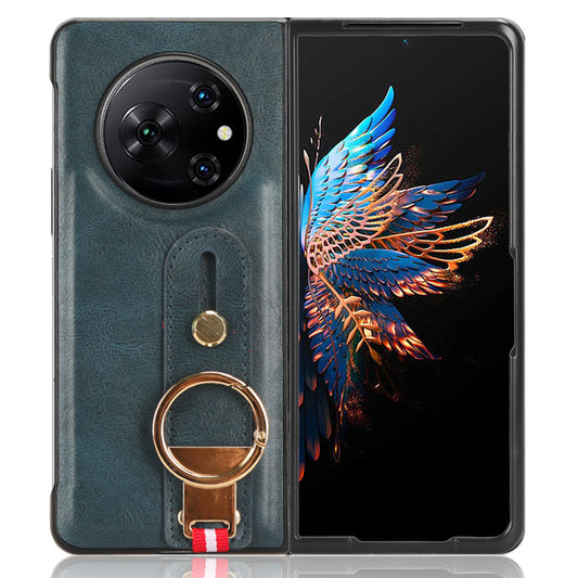 For Tecno Phantom V Fold Phone Shell Leather Coating PC+TPU Wristband Kickstand Cover with Neck Strap