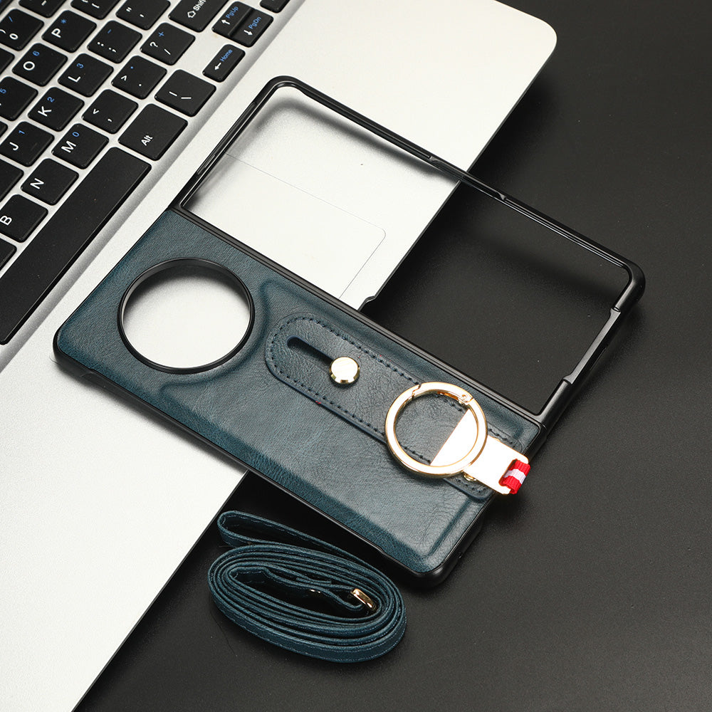 For Tecno Phantom V Fold Phone Shell Leather Coating PC+TPU Wristband Kickstand Cover with Neck Strap