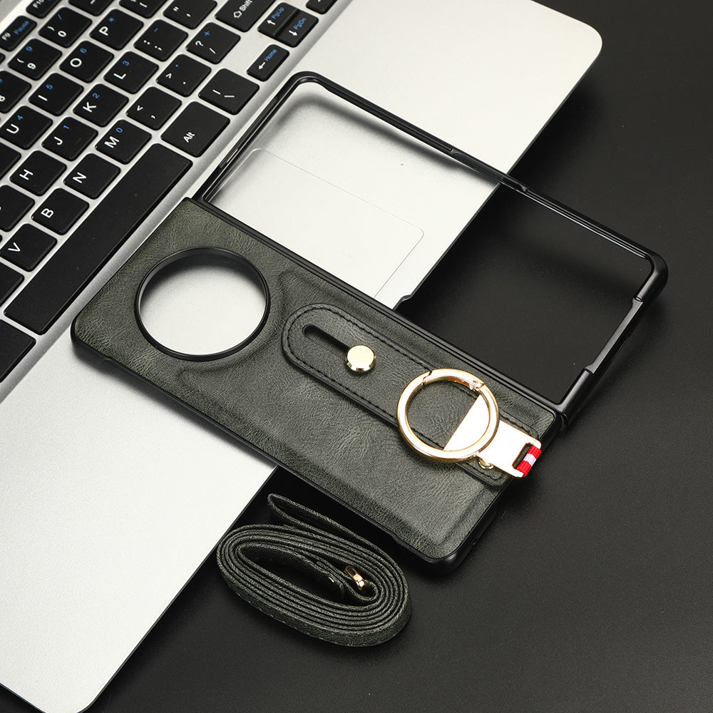 For Tecno Phantom V Fold Phone Shell Leather Coating PC+TPU Wristband Kickstand Cover with Neck Strap