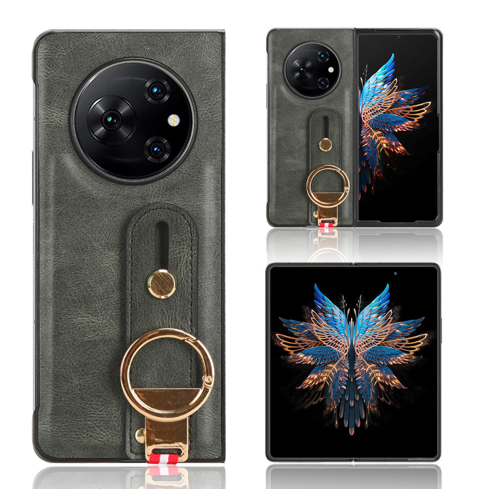 For Tecno Phantom V Fold Phone Shell Leather Coating PC+TPU Wristband Kickstand Cover with Neck Strap