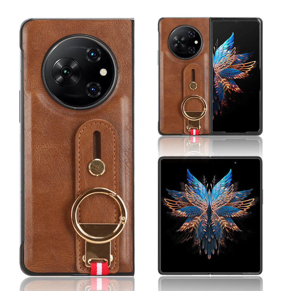 For Tecno Phantom V Fold Phone Shell Leather Coating PC+TPU Wristband Kickstand Cover with Neck Strap