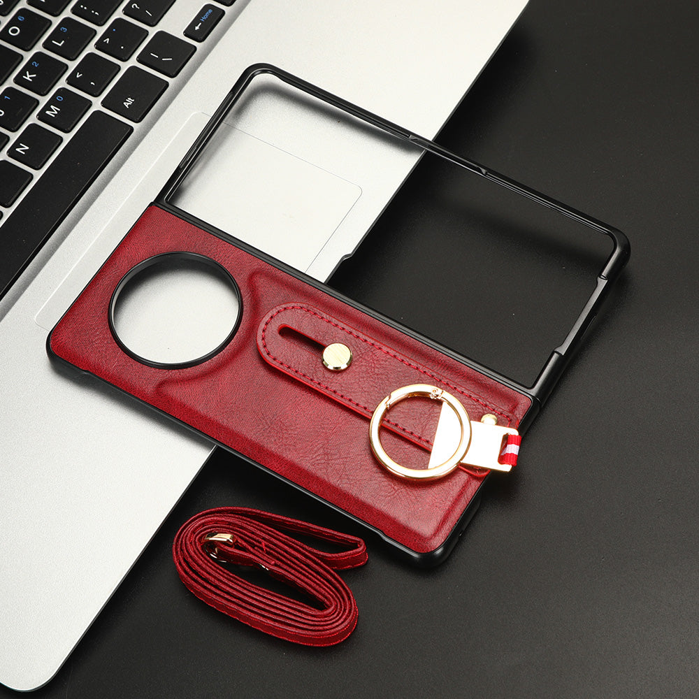 For Tecno Phantom V Fold Phone Shell Leather Coating PC+TPU Wristband Kickstand Cover with Neck Strap
