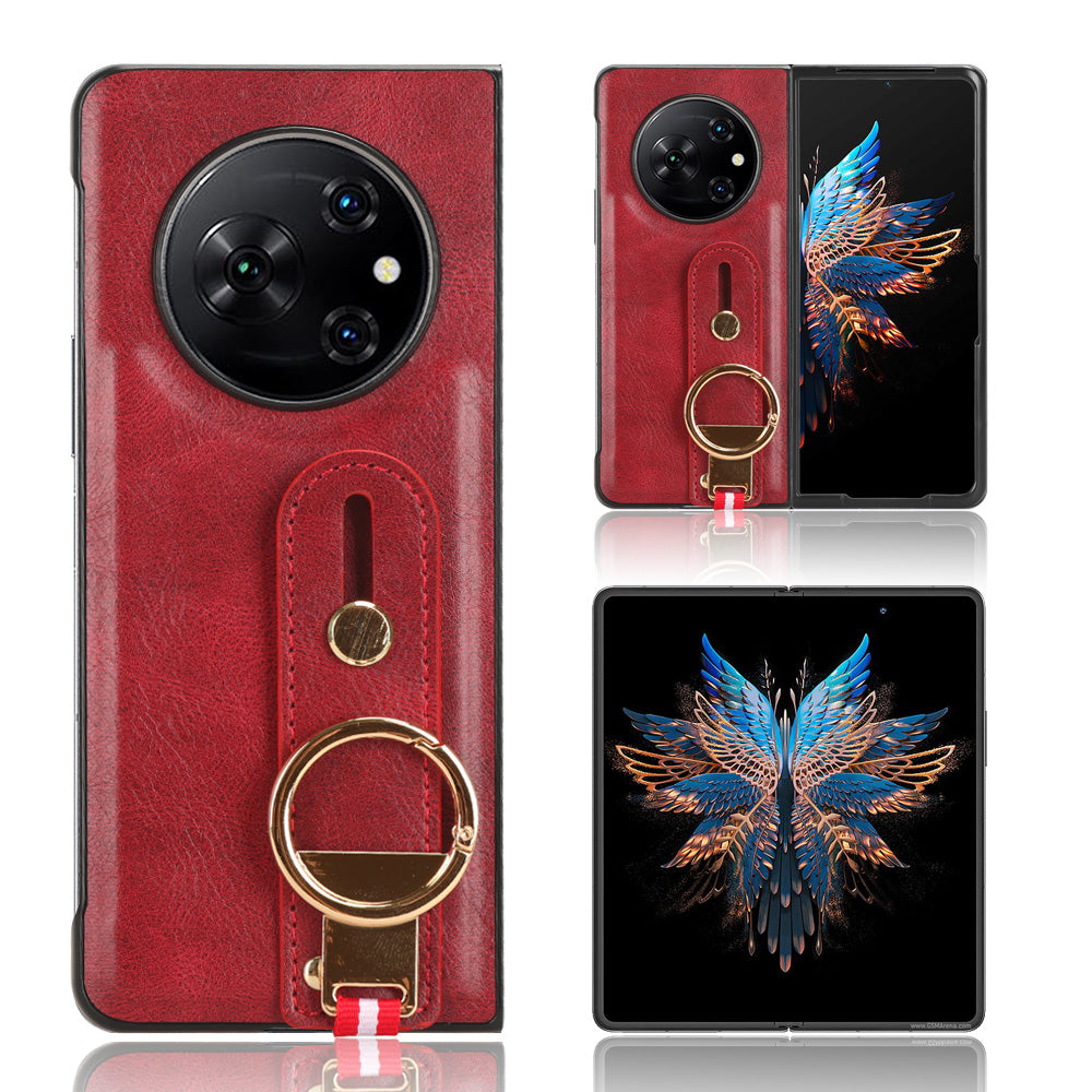 For Tecno Phantom V Fold Phone Shell Leather Coating PC+TPU Wristband Kickstand Cover with Neck Strap