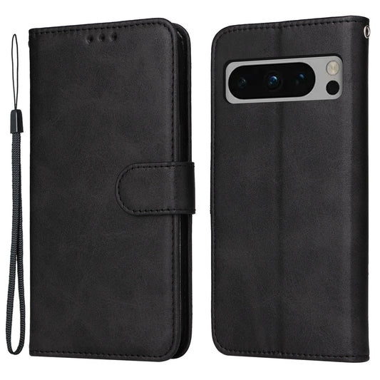 For Google Pixel 8 Pro Calf Texture Wallet Stand Flip Cover PU Leather Phone Case with Strap