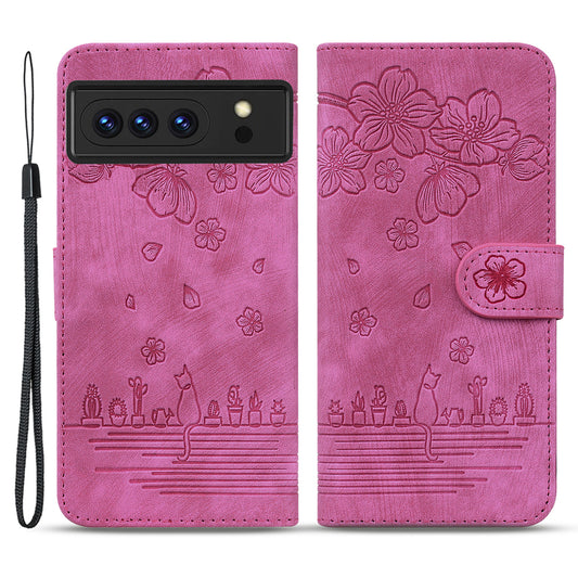 For Google Pixel 8 Pro PU Leather Wallet Stand Case Imprinted Flower Cat Phone Cover with Strap