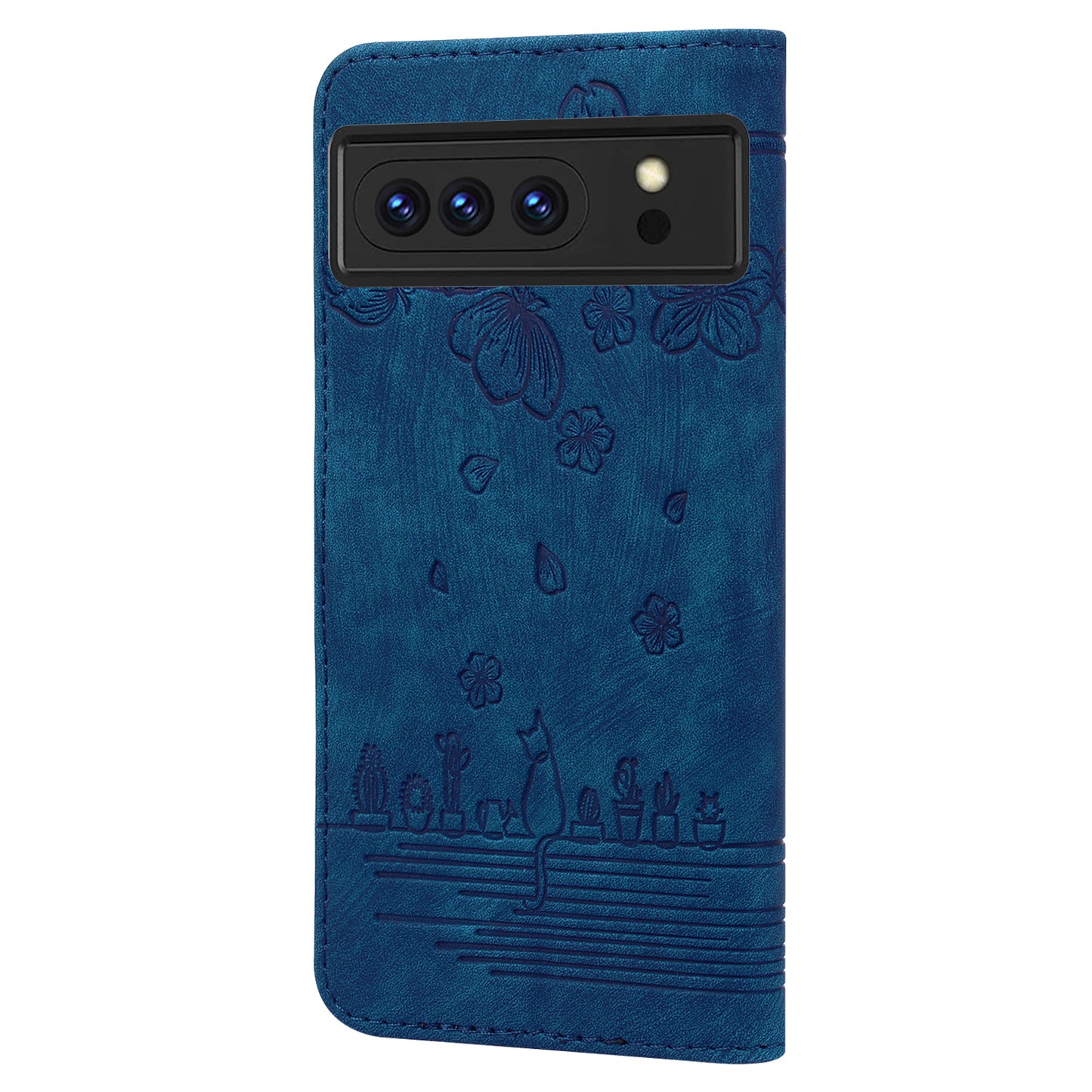 For Google Pixel 8 Pro PU Leather Wallet Stand Case Imprinted Flower Cat Phone Cover with Strap