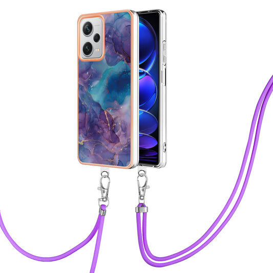 YB IMD Series-18 Style E for Xiaomi Redmi Note 12 Pro+ 5G Marble Pattern 2.0mm TPU Case IMD Electroplating Phone Cover with Lanyard