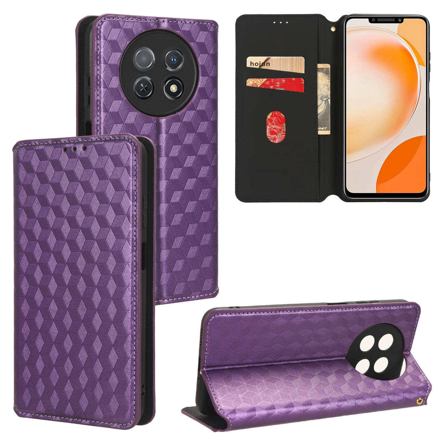 Stand Case for Huawei nova Y91 4G / Enjoy 60X Rhombus Imprinted Shell PU Leather Phone Cover