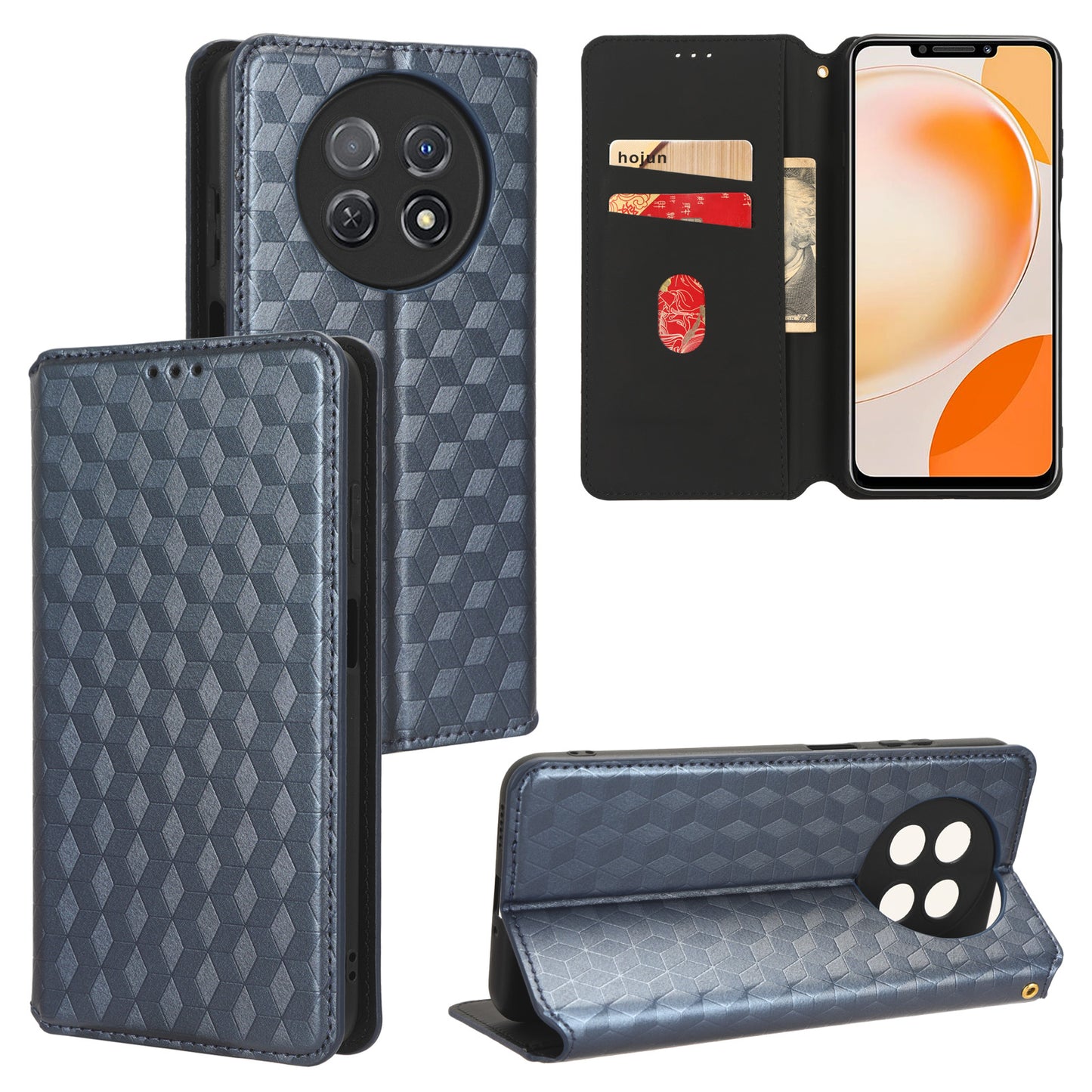 Stand Case for Huawei nova Y91 4G / Enjoy 60X Rhombus Imprinted Shell PU Leather Phone Cover
