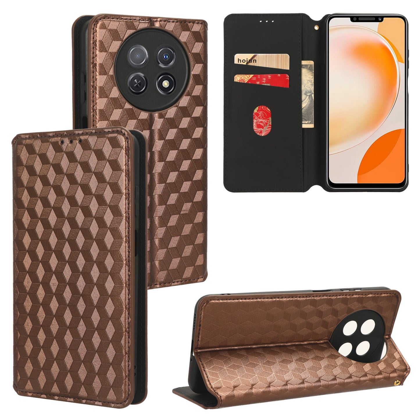 Stand Case for Huawei nova Y91 4G / Enjoy 60X Rhombus Imprinted Shell PU Leather Phone Cover