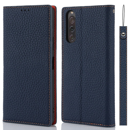 Flip Cover for Sony Xperia 10 V Litchi Texture Genuine Cow Leather Phone Case Stand Wallet with Strap