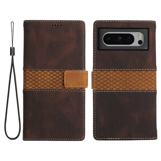 For Google Pixel 8 Pro PU Leather Cover Magnetic Flip Wallet Grid Splicing Phone Stand Case with Strap