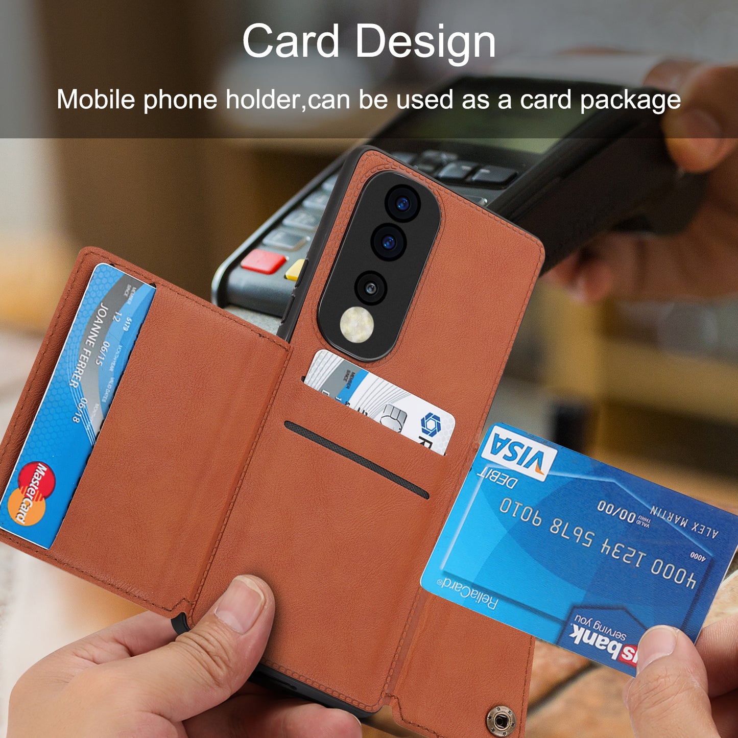 Phone Case for Honor 90 Card Holder Kickstand Drop Resistant PU Leather Coated TPU Back Cover