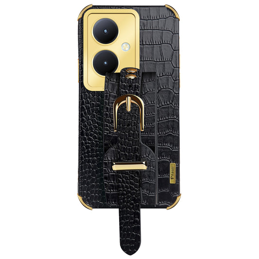 For vivo Y78+ 5G Wristband Kickstand PU Leather Coated TPU Case Electroplating Phone Cover