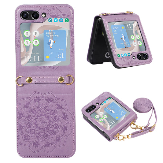 For Samsung Galaxy Z Flip5 5G Flower Imprinted Phone Case Anti-Drop PU Leather PC Cover with Shoulder Strap