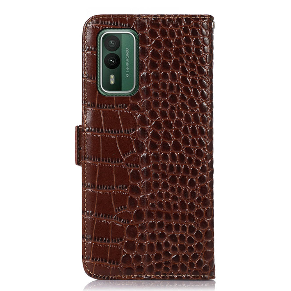 For Nokia XR21 Wallet Phone Case Genuine Cow Leather Crocodile Texture RFID Blocking Stand Cover