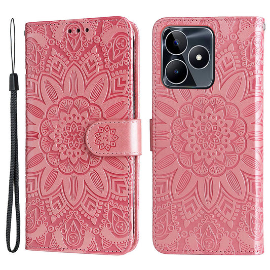 For Realme C53 4G / Narzo N53 4G Sunflower Imprinted Stand PU Leather Cover Wallet Drop-proof Case