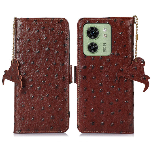 For Motorola Edge 40 5G Genuine Cow Leather RFID Blocking Case Ostrich Pattern Stand Wallet Phone Cover