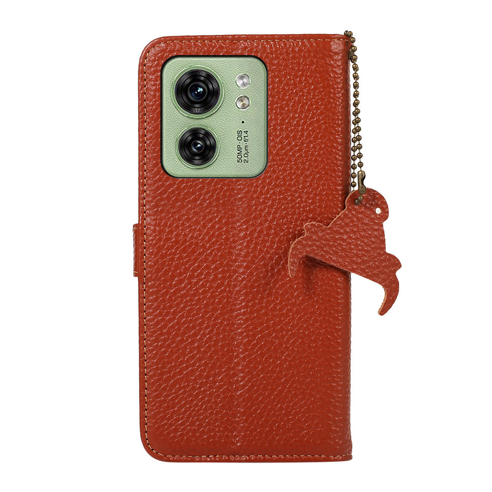 For Motorola Edge 40 5G RFID Blocking Genuine Cow Leather Case Litchi Texture Stand Wallet Phone Cover
