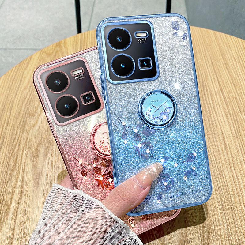 KADEM For vivo Y35 4G (2022) Kickstand TPU Case Gradient Glitter Rhinestone Flower Phone Cover
